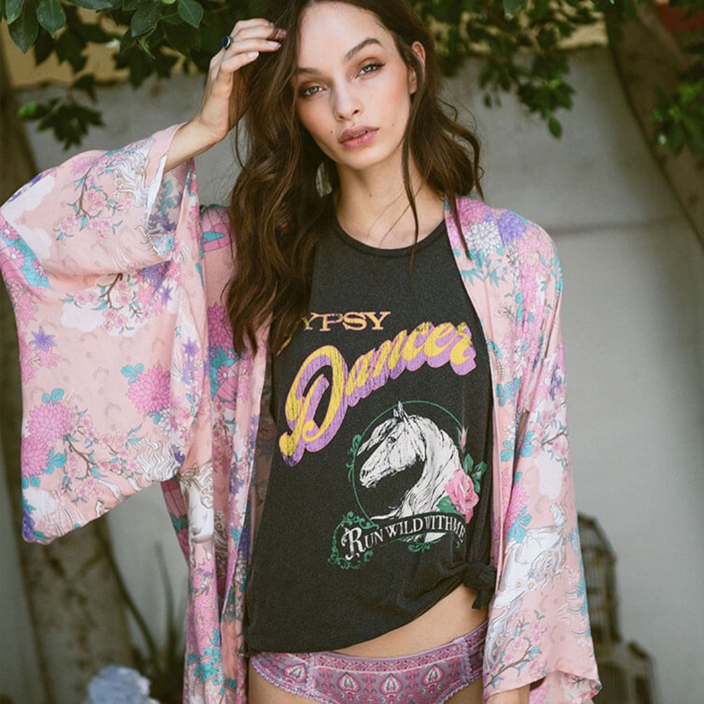 Luxe Boho Wild Horses Pink Floral Kimono Coverup - Picture 3 of 9